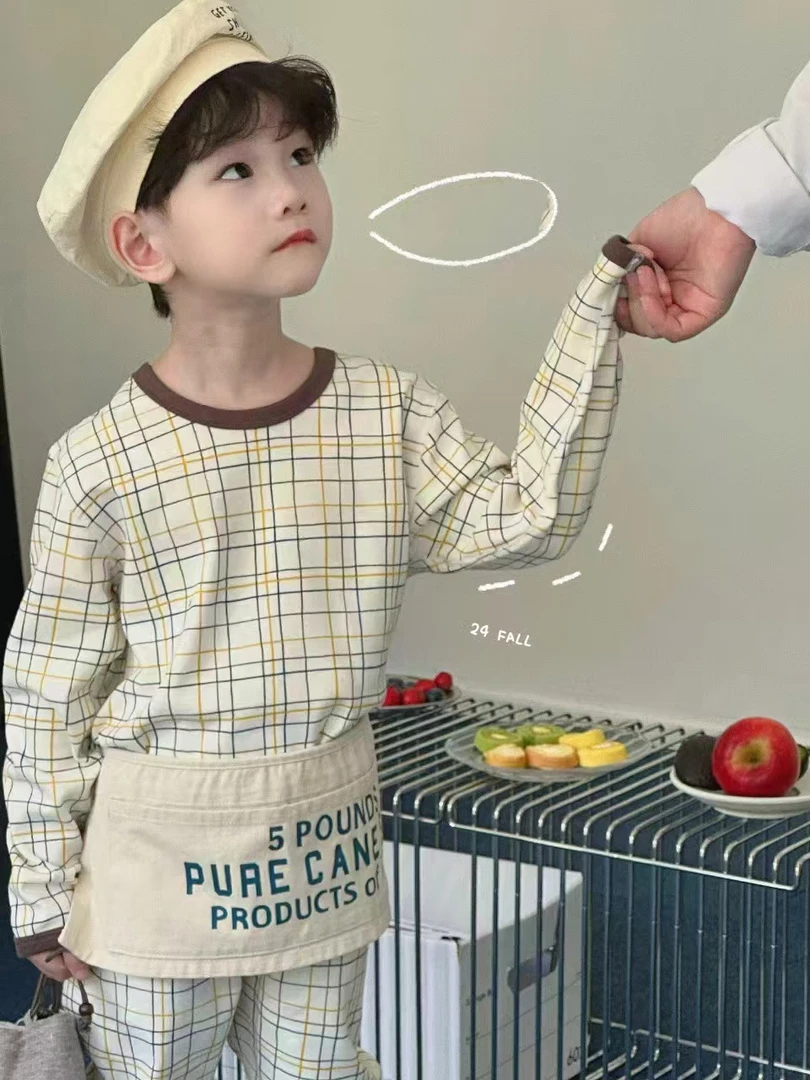 8305中大童2024新款冬季保暖内衣纯棉格子舒适透气家居服