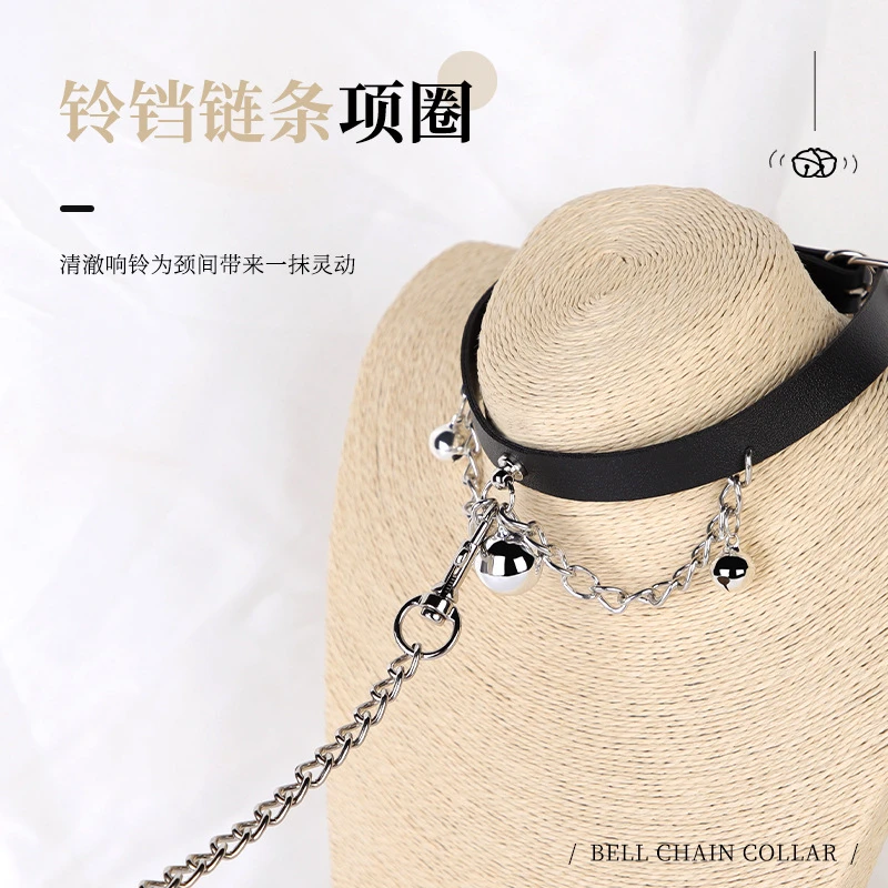 三个铃铛项圈带链条情趣玩具皮革项链牵引sm道具成人性爱用品代发