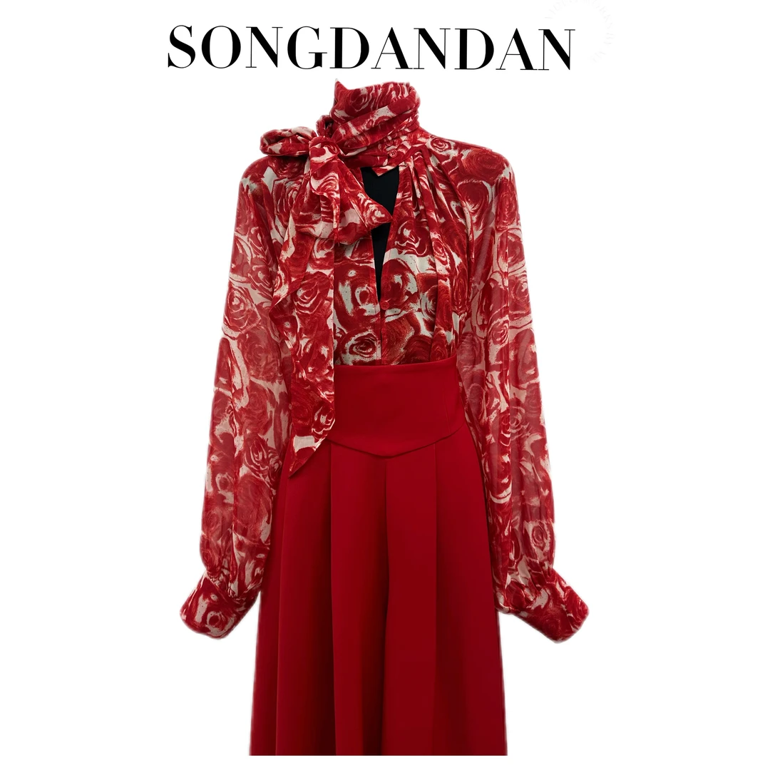 【DDS】秋款长袖印花领巾多种搭法轻奢时尚气质法式上衣