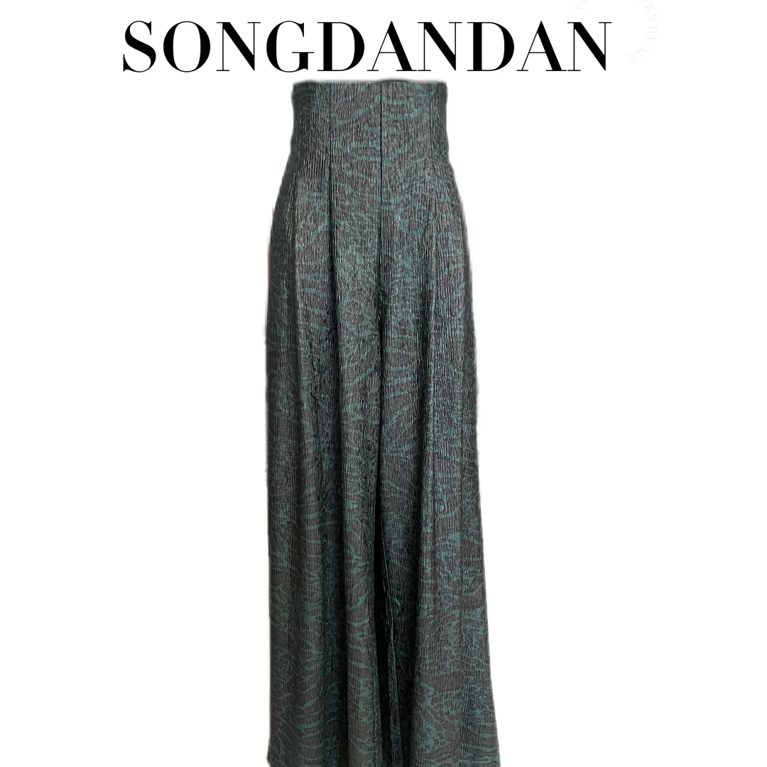 【DDS】高腰亮面绿色花纹大甩裤垂感设计师直筒显瘦