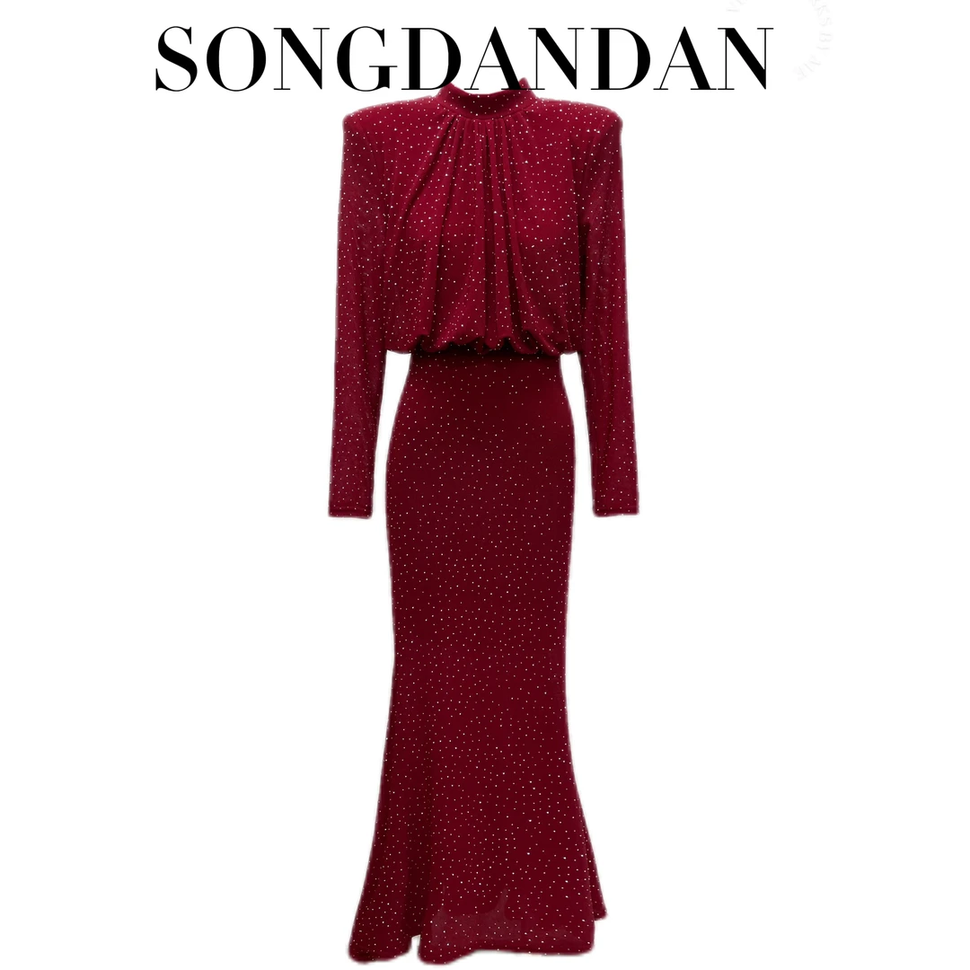 【DDS】女装连衣裙圆领褶皱鱼尾礼服修身显瘦时尚潮流气质红色裙子