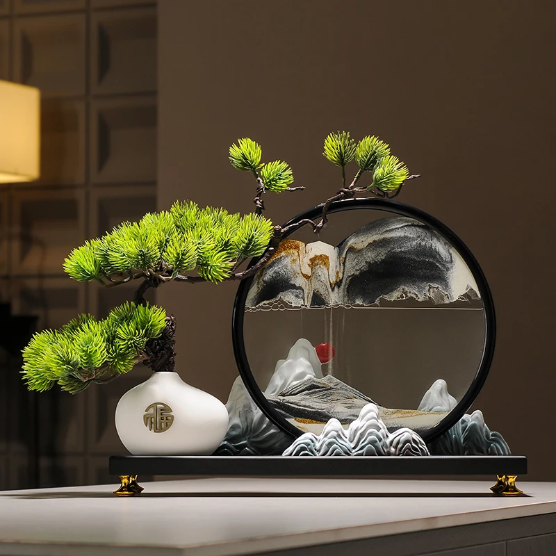 创意迎客松沙漏流沙画摆件新中式高级感客厅玄关办公室高档装饰品