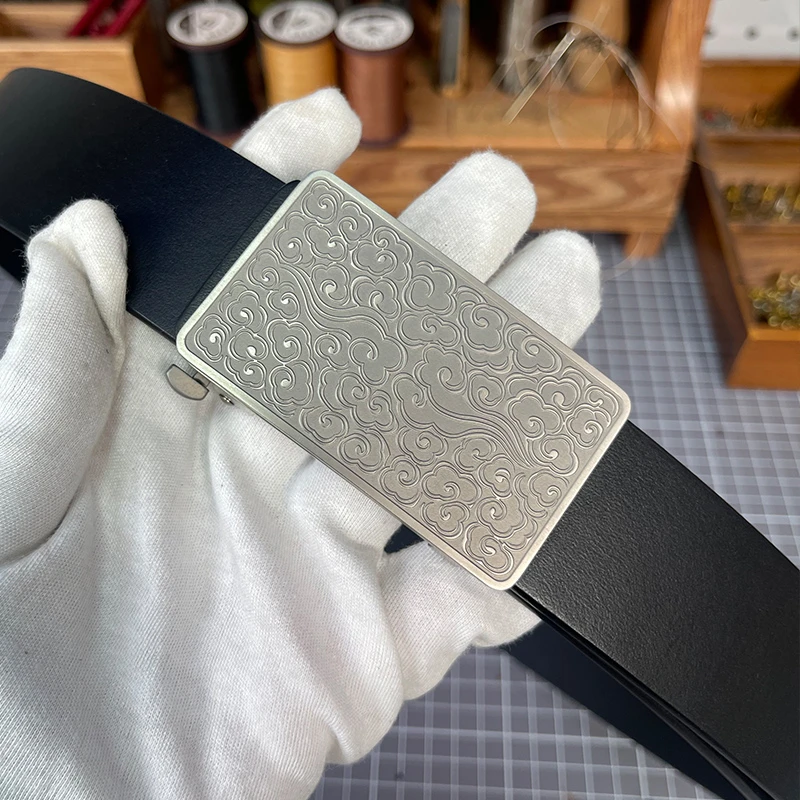 纯钛扣100%真牛皮男士无牙祥云自动扣真皮皮带时尚休闲商务裤腰带