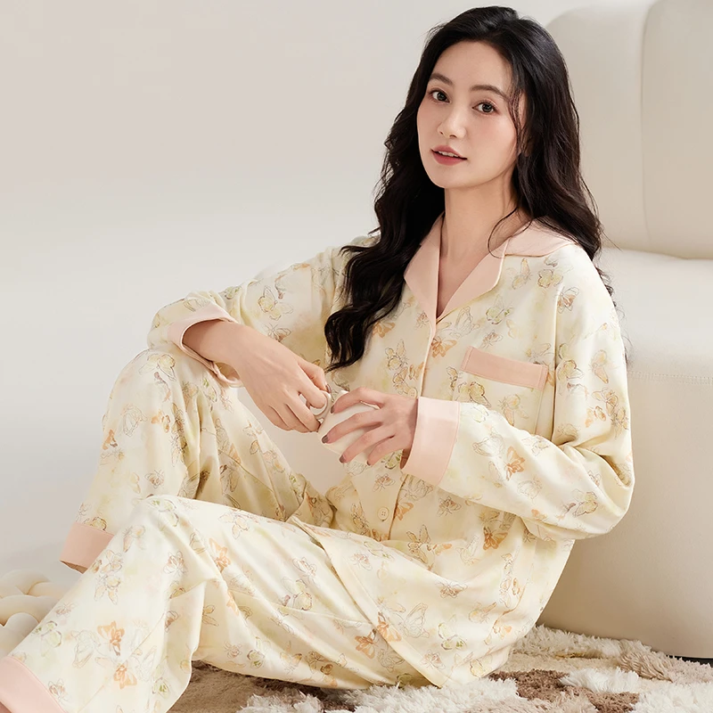 莉莉家女士2025新款加厚纯棉开衫长袖长裤粉花蝴蝶睡衣家居服外穿