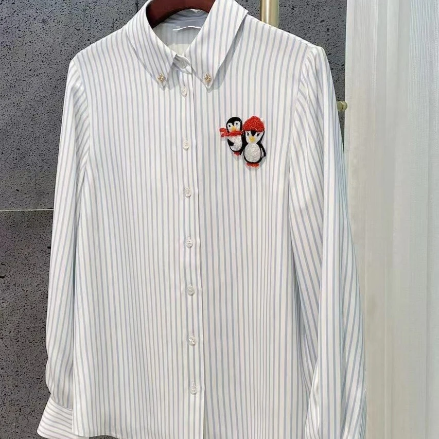 M2190！小企鹅！钉珠减龄条纹设计感衬衣女 衣长66  QS2186