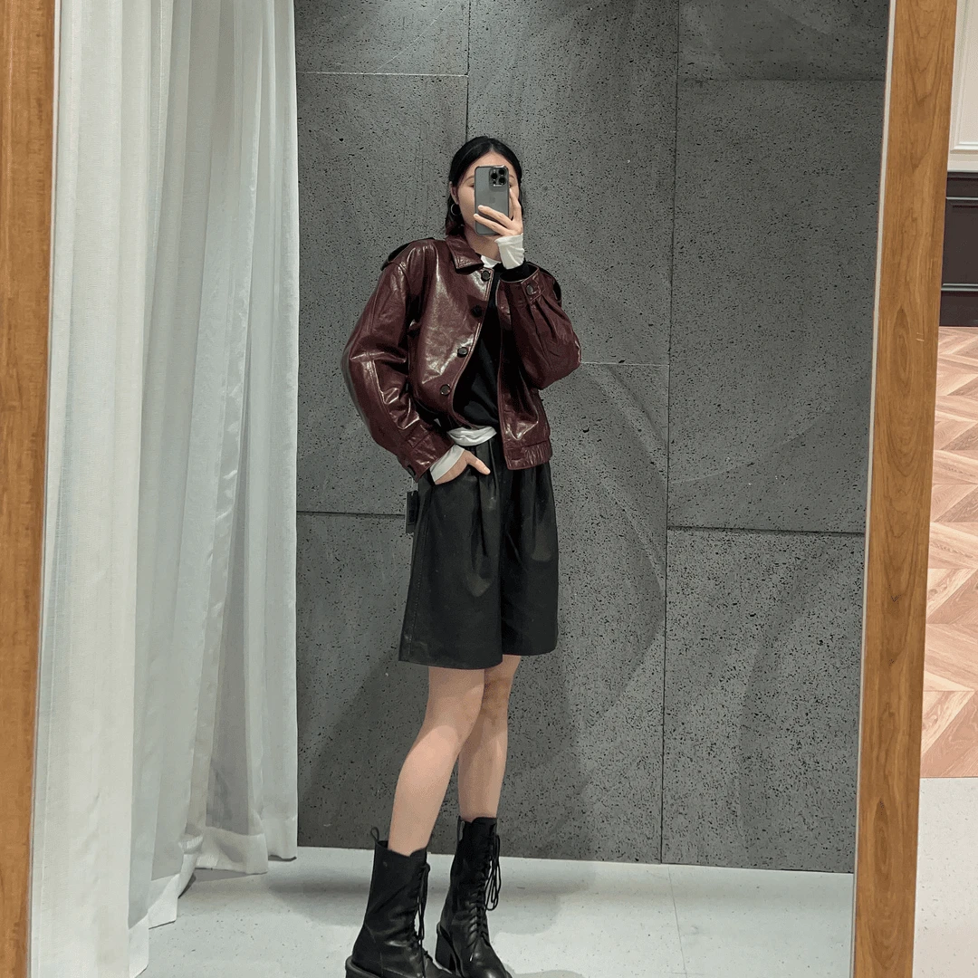 M2350！老友记！气质百搭安哥拉红长袖皮衣 衣长53款号HY29293