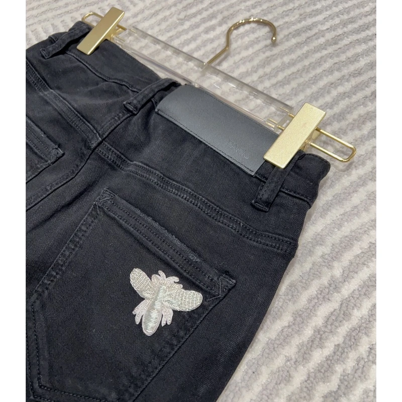 小直筒！裤长91 蜜蜂黑色牛仔裤九分裤百搭休闲重工修身VE232