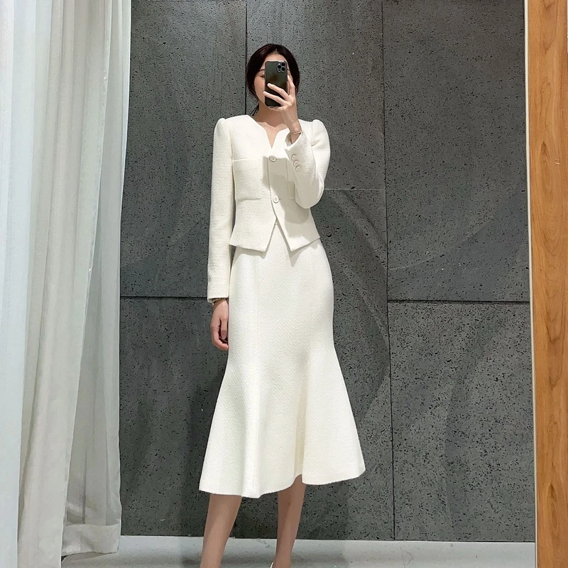 M1995名媛气质羊毛呢套装鱼尾半身裙外套衣长52裙长76 款号S58061