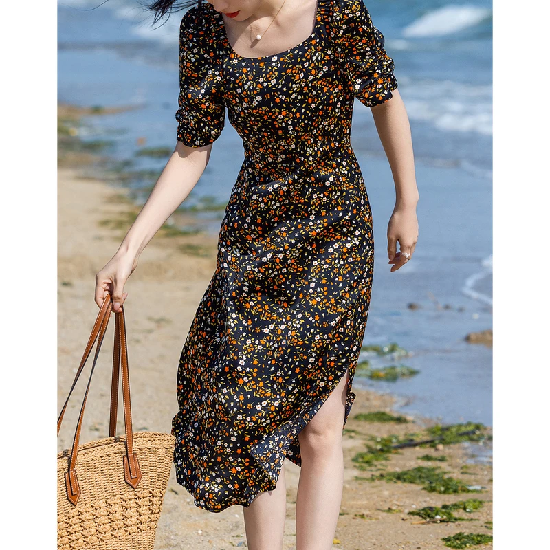 dme德玛纳【植物系女子】方领有光缎面印花泡泡袖茶歇裙收腰连衣裙