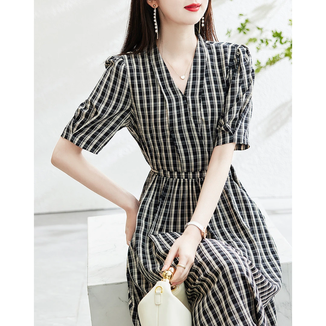 A【花瑶绉印花伞裙】2023春新V领泡泡袖绑带a字连衣裙女长款