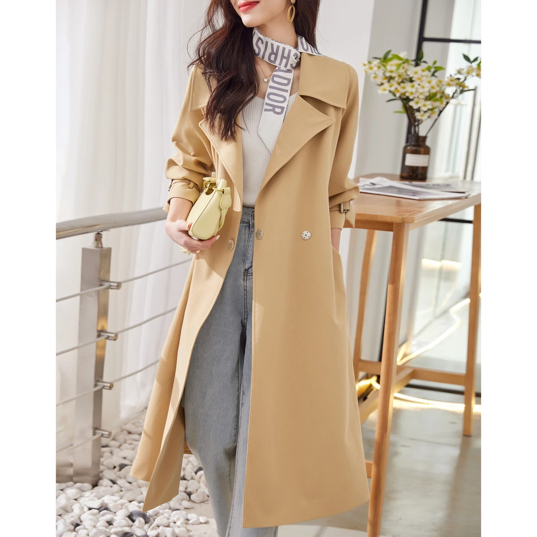 德玛纳清仓一粒扣秋季通勤翻领宽松腰带明线时尚风衣女长款