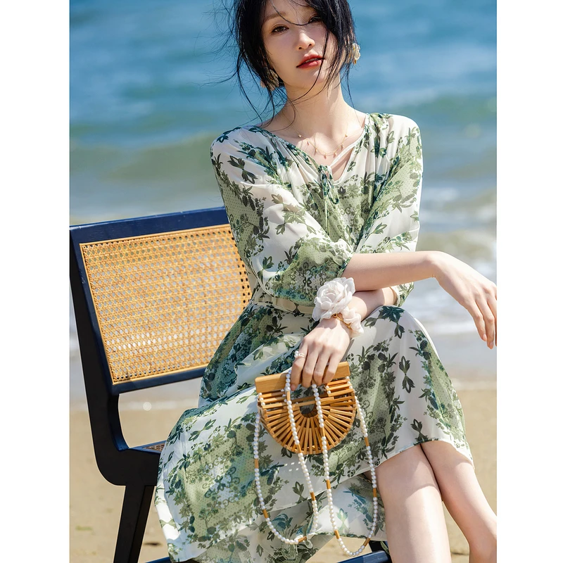 品牌女装德·玛纳波西米亚雪纺裙慵懒风宽松大摆圆领植物连衣裙