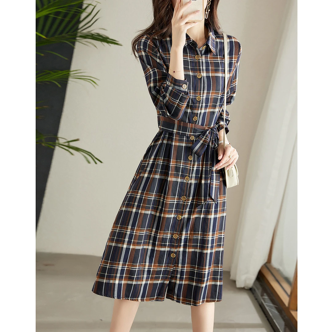 德玛纳清仓通勤格纹纯棉连衣裙秋季翻领腰带连衣裙女中长款