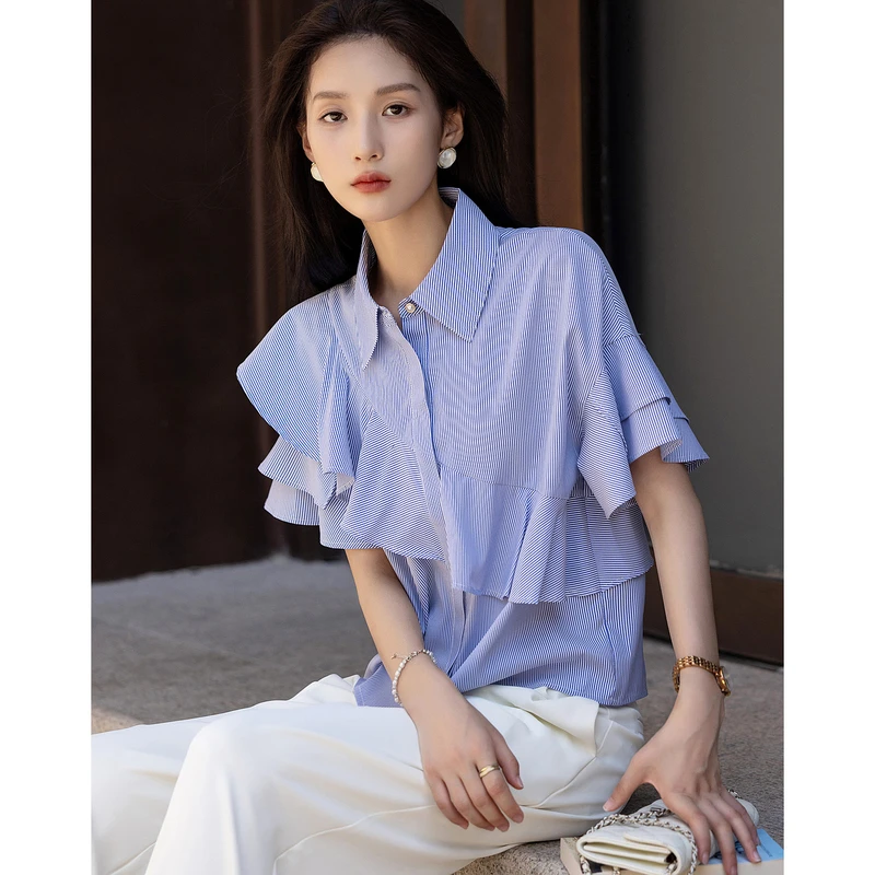 dme德玛纳线条美学夏设计感双层荷叶边衬衫复古条纹舒适藏肉衬衣