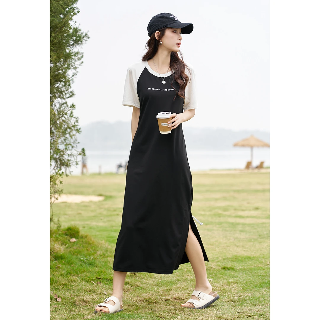 dme德玛纳【时尚减龄拼接连衣裙】24年新款夏季圆领A型开叉气质女士