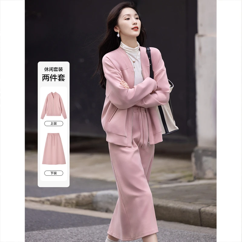 德·玛纳品牌女装套装时髦350G空气层V领上衣气质半身裙两件套