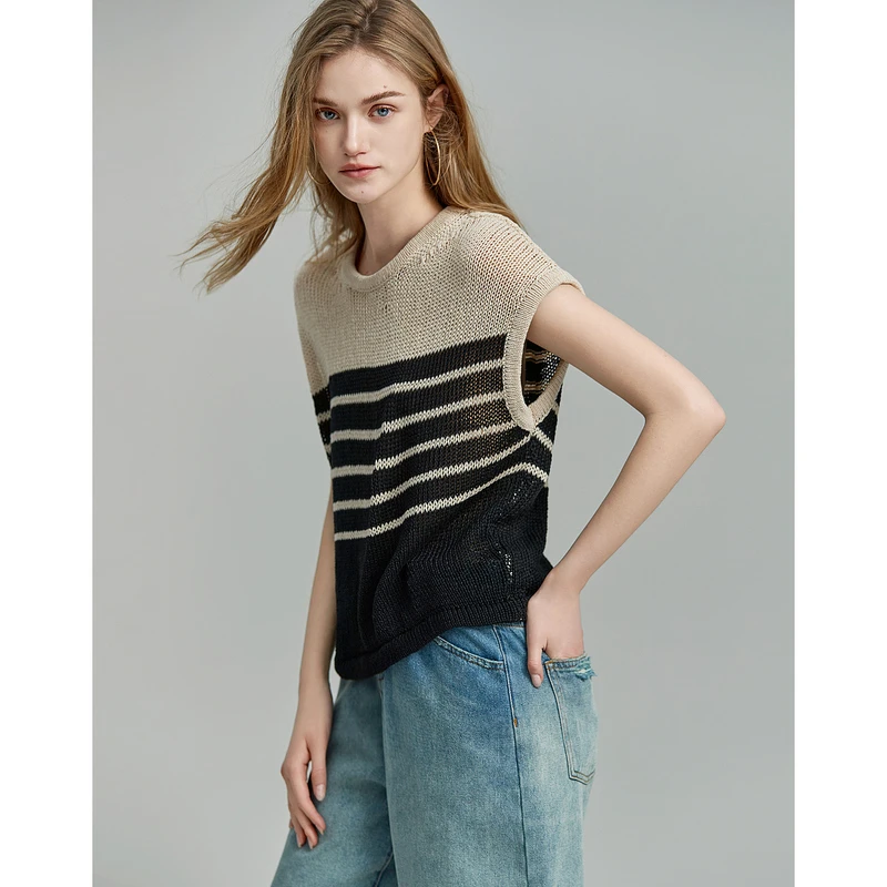 dme【知识分子穿搭】圆领无袖线衫设计感镂空条纹拼色针织衫上衣
