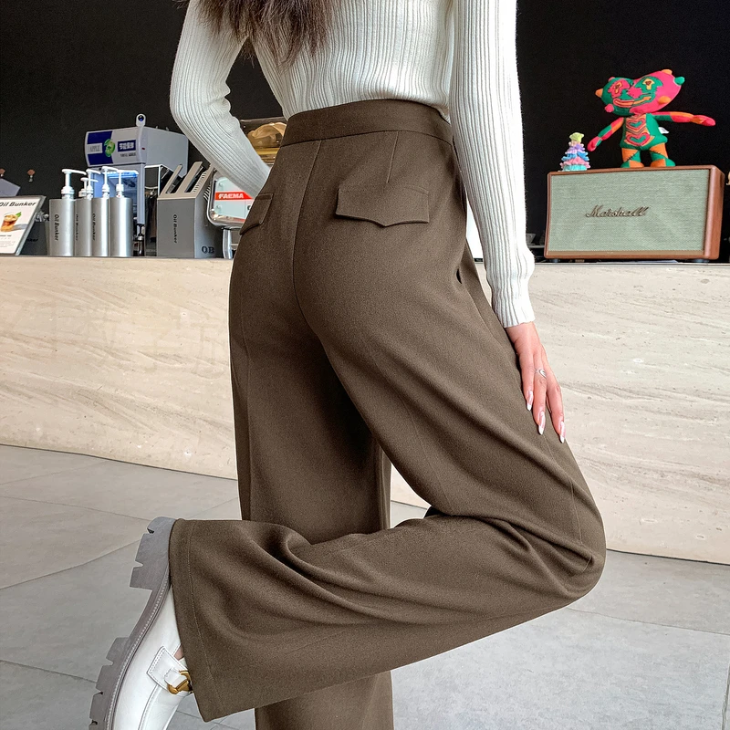 【重百专属】德·玛纳简约风设计感褶裥装饰扣直筒藏肉休闲裤