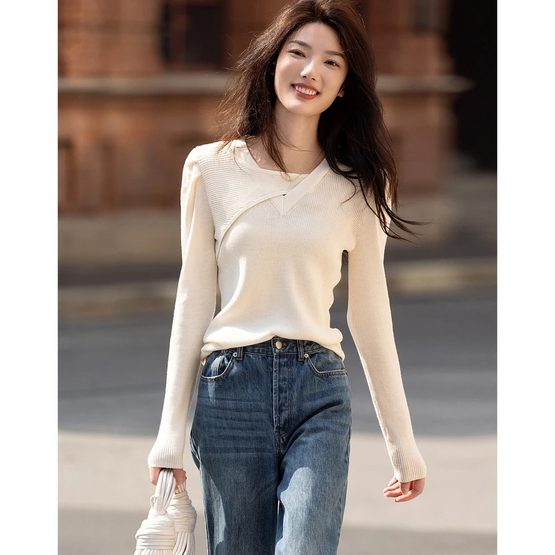 dme德·玛纳春秋款温润线衫泡泡袖松弛藏肉针织衫女上衣