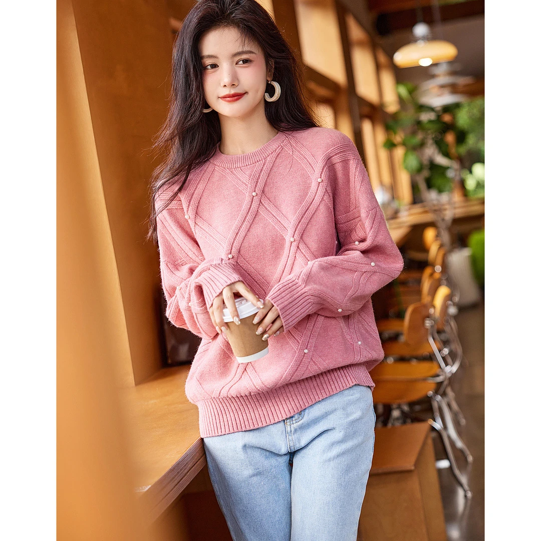 【精致淑女】2023冬新圆领纤绒纱毛巾绣线衫针织衫女上衣