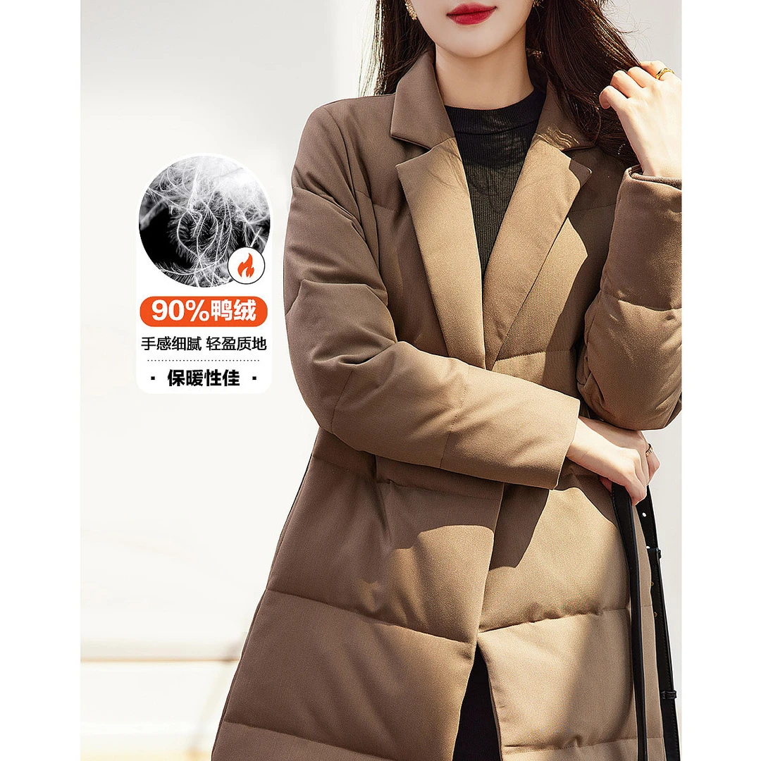 【90鸭绒】冬新款反驳领长袖修身双排扣西装式羽绒服女长款保暖