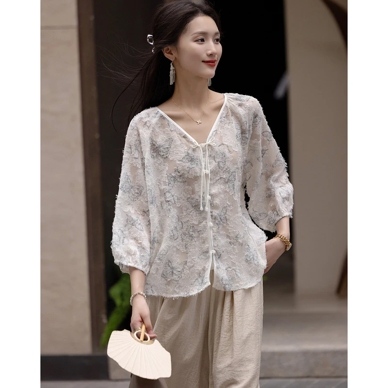 【黎老师专属】德·玛纳迷离浪漫新中式蝴蝶剪花衬衫流苏盘扣衬衣