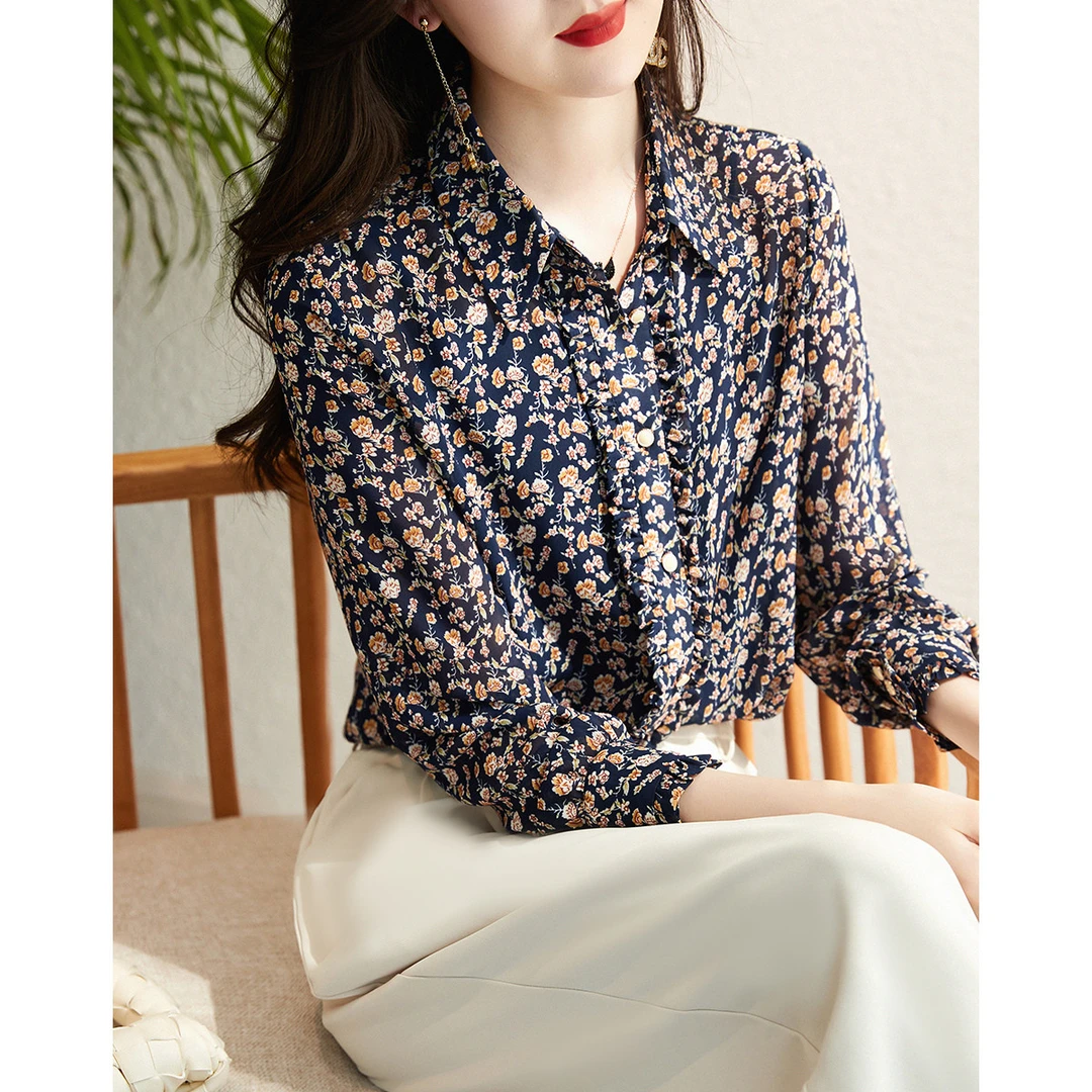 【商务碎花衬衫】秋季通勤碎褶印花长袖优雅衬衣女装上衣