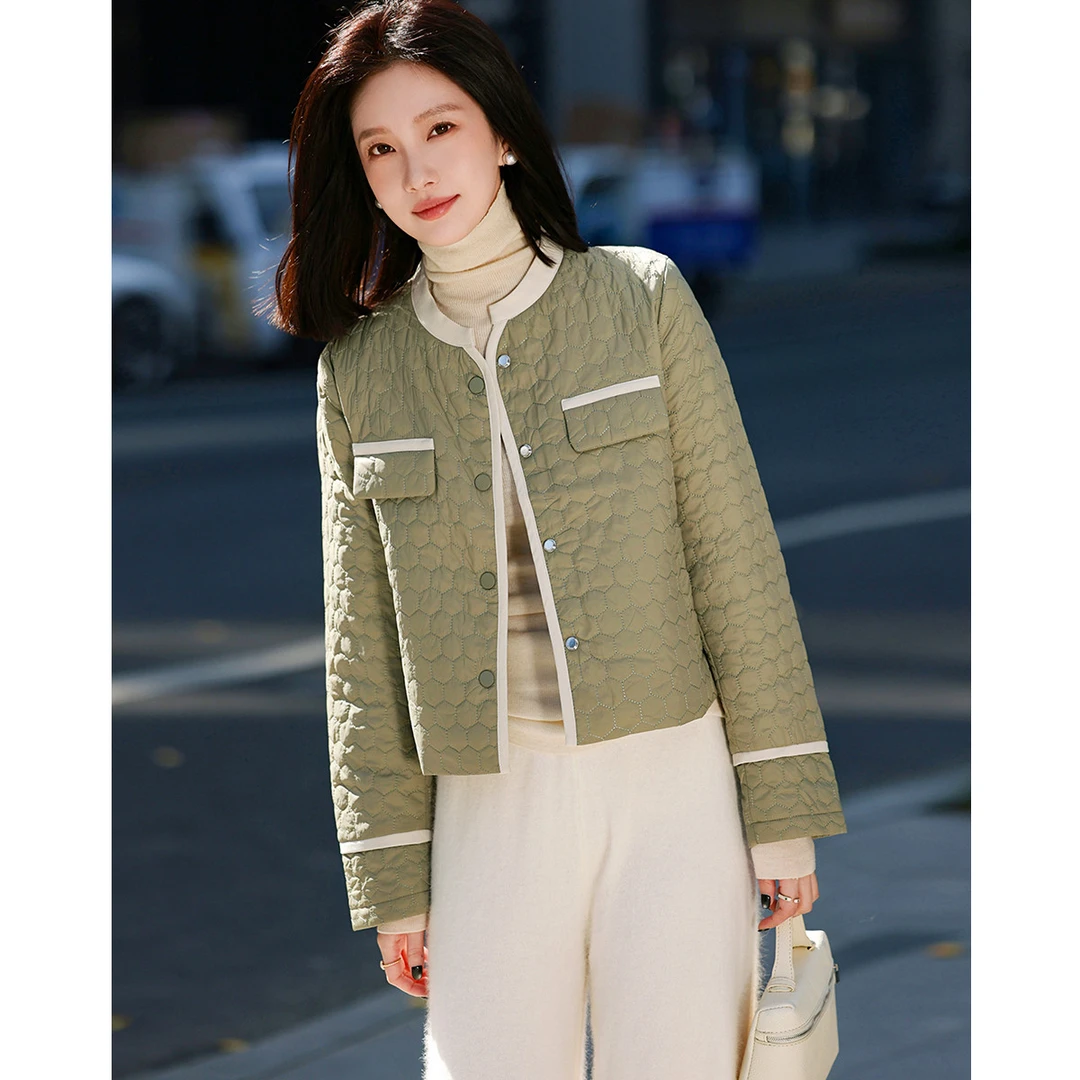 【艺术感六角形绗缝】23冬立领四合扣拼接撞色棉服女短款外套