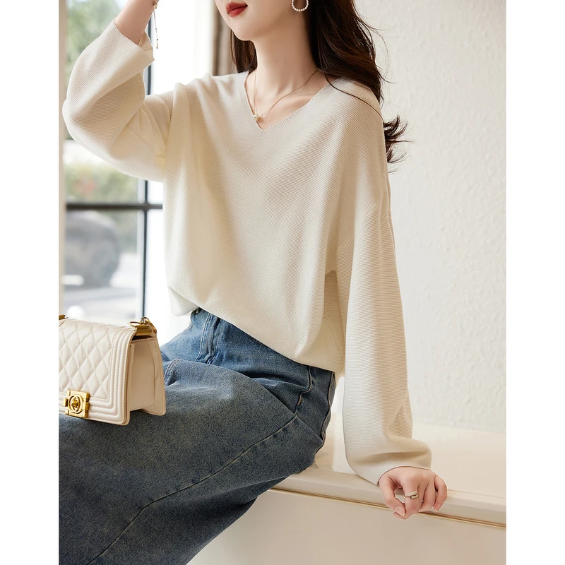 dme【灯笼袖线衫】2023春季新款慵懒V领落肩长袖针织衫女上衣
