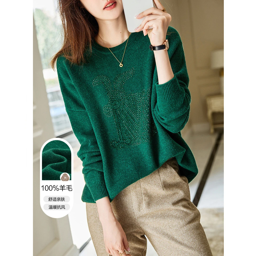 【精致通勤绣花】2023冬新圆领绵羊毛线衫针织衫女上衣