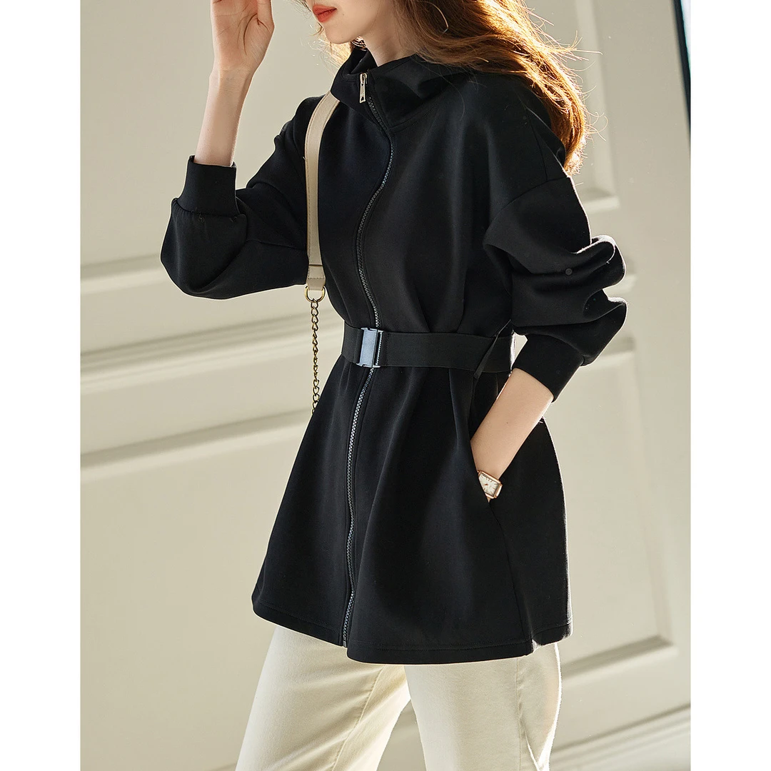 dme德·玛纳新款连帽橡筋卡扣长袖落肩空气层棉质外套女