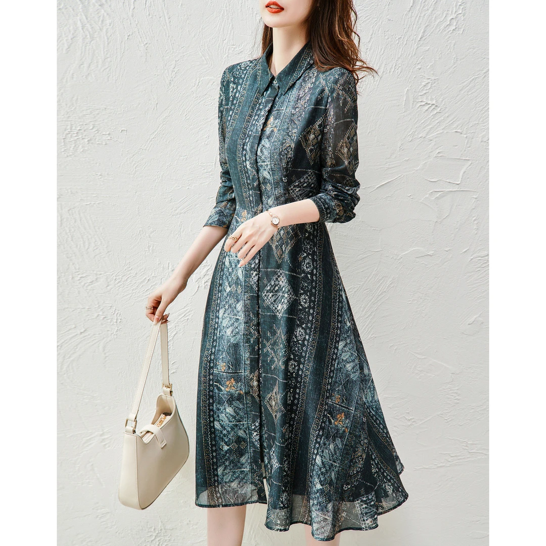 德玛纳清仓【印花连衣裙】秋新收腰大摆仿棉连衣裙