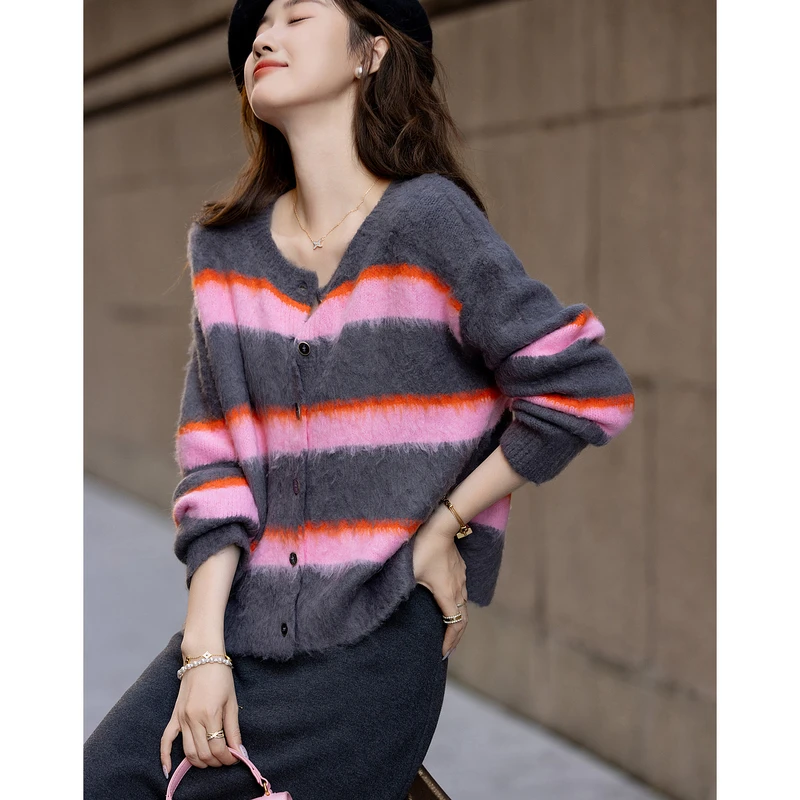 dme德·玛纳24秋慵懒风多巴胺条纹开衫撞色舒适遮肉女式外套