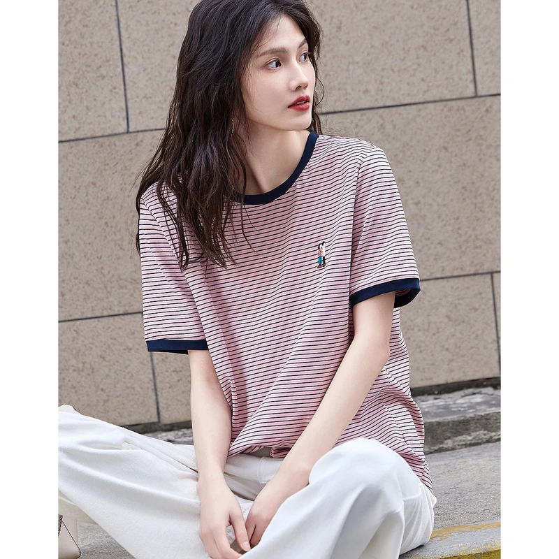 【重百专属】德·玛纳复古夏新圆领条纹撞色短袖t恤女刺绣T恤