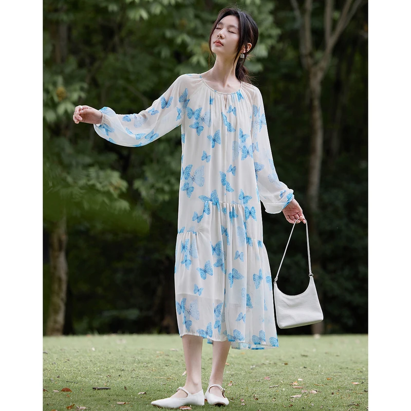 dme德·玛纳蝴蝶哲学都市优雅风轻薄雪纺印花褶裥腰带中长连衣裙