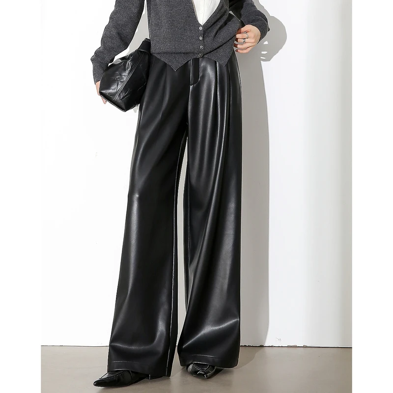 【7&7】德·玛纳飒美腔调冬立体高腰PU拖地裤小个子女休闲裤