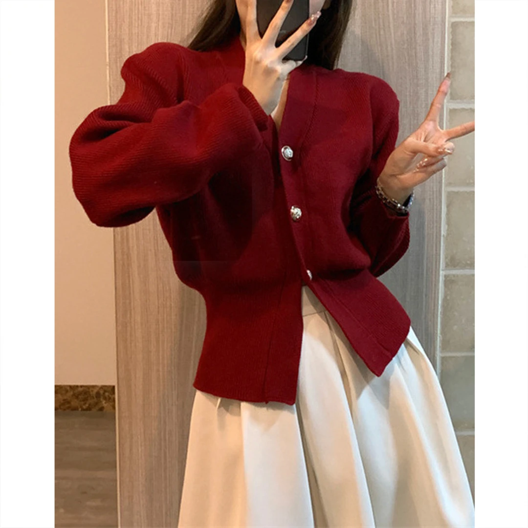 【朗姆酒玫瑰】冬季新款V领小香风开衫长袖开衩针织衫女上衣