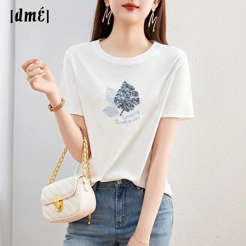 dme德·玛纳树叶亮片绣花女式夏季新款棉氨圆领短袖t恤女气质显瘦
