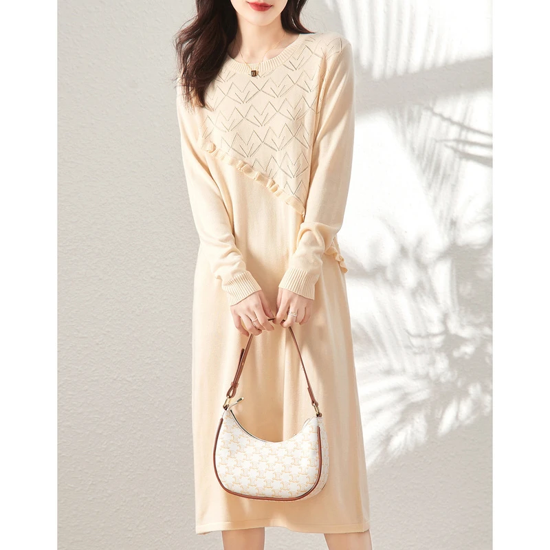 德玛纳清仓【木耳边分割】圆领直筒裙落肩袖连衣裙女秋