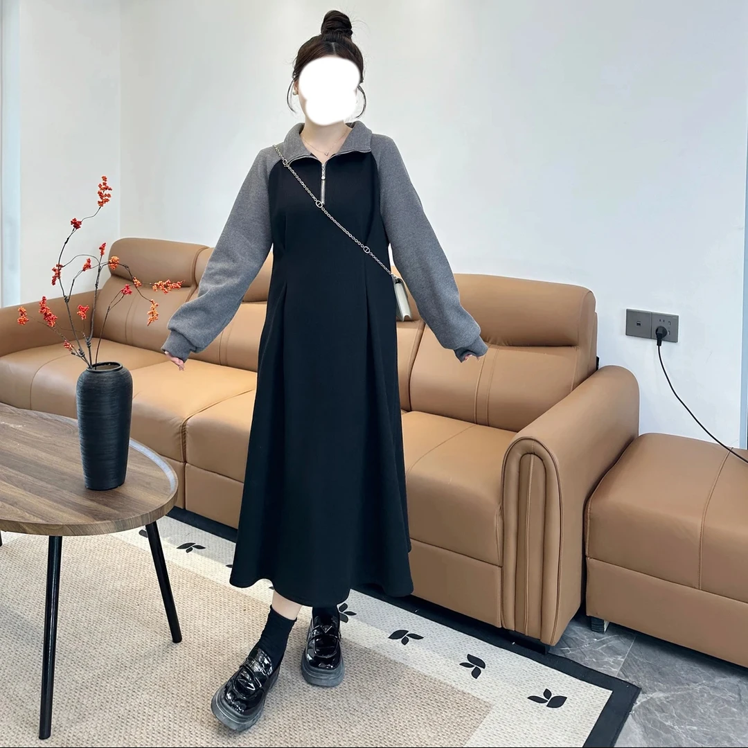 大码女装时尚气质撞色翻领连衣裙女秋冬胖mm显瘦遮肉长裙