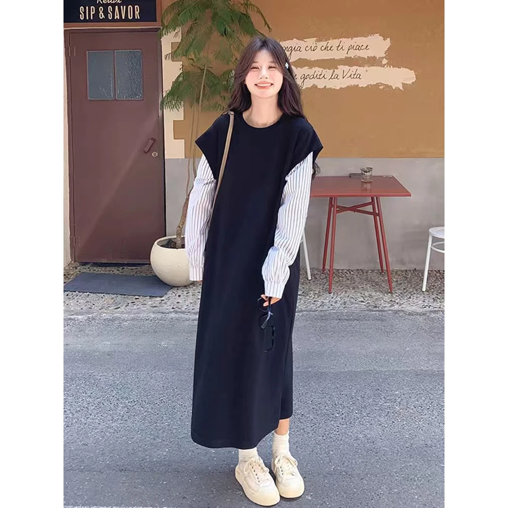 黑色拼接假两件卫衣连衣裙女春秋2024新款韩系慵懒风宽松休闲长裙