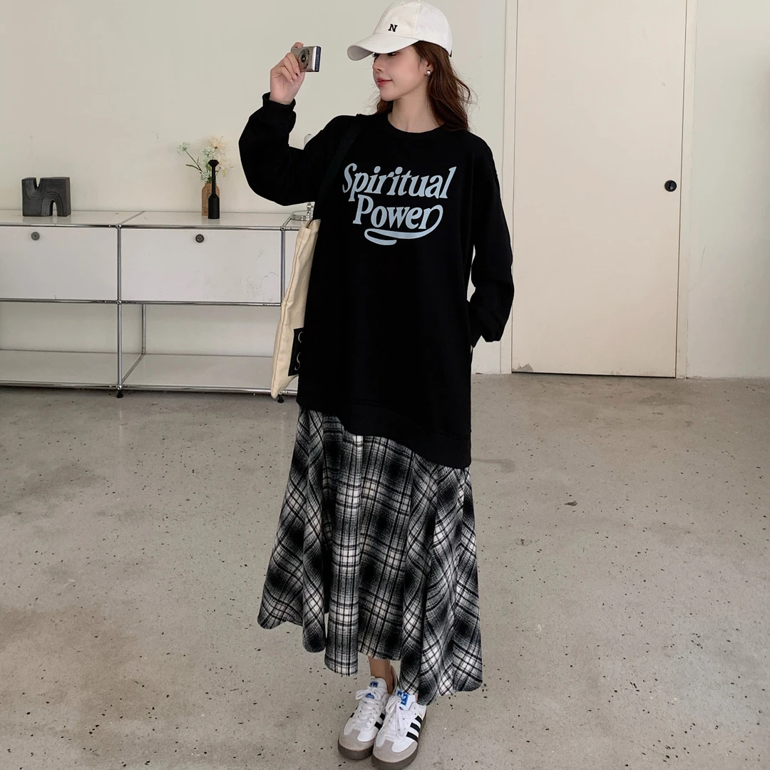 秋冬新款/格纹拼接假两件卫衣连衣裙独特超好看宽松长裙