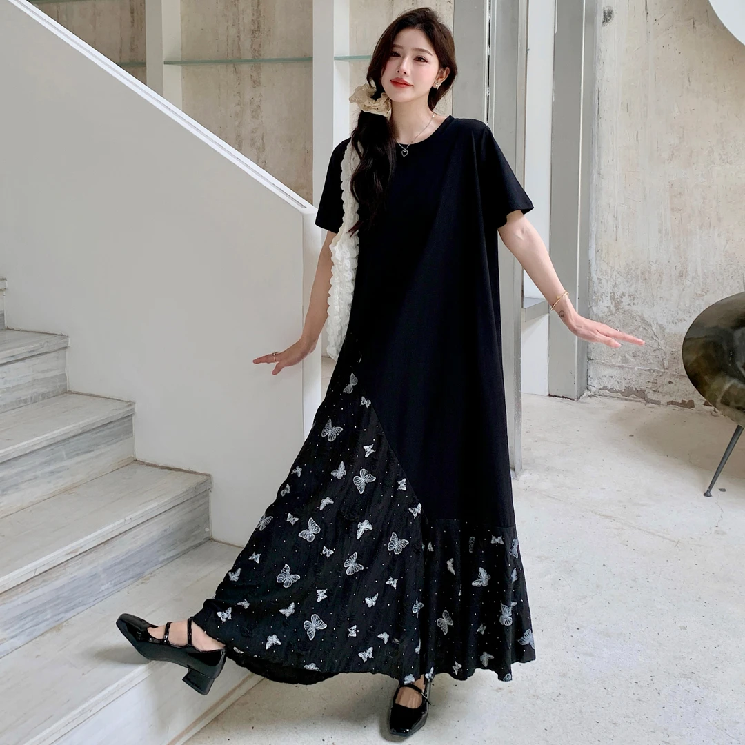 2024夏新款/不规则拼接下摆长款裙子显瘦大码短袖黑色连衣裙