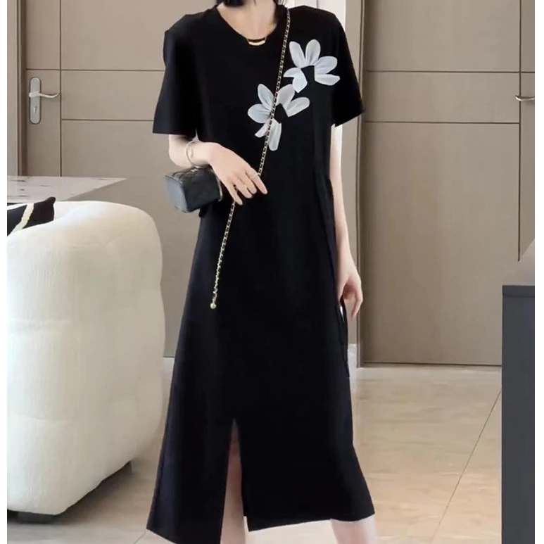 显瘦过膝黑色t恤裙长裙欧洲站2025夏季新款立体花朵开叉连衣裙女