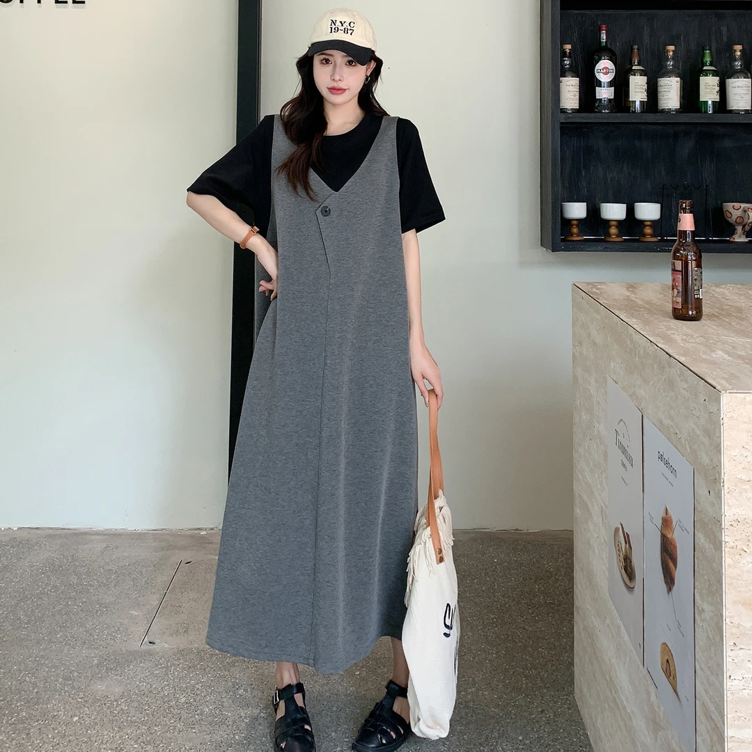 2025夏上新/假两件撞色拼接背带裙大码显瘦短袖连衣裙女