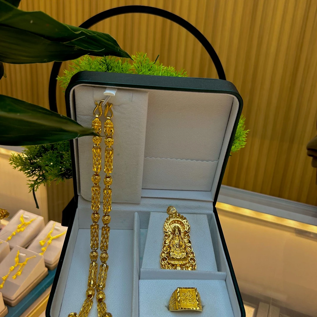 合金好物 镂空竹节链 三件套 福字戒指项链观音吊坠