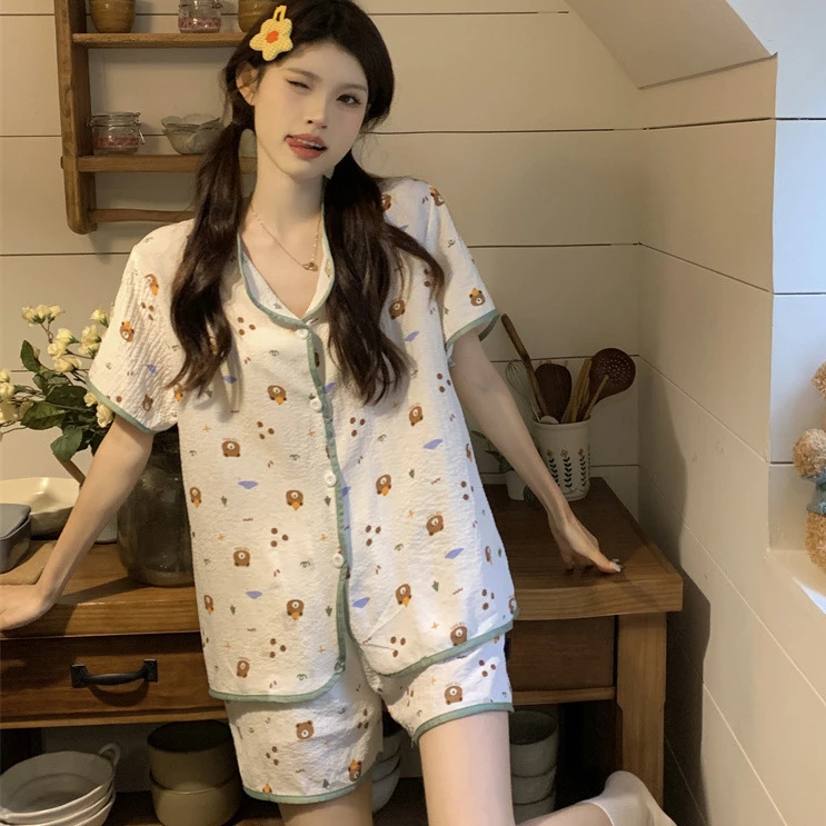 夏季兔兔樱桃小花开衫可爱减龄睡衣两件套装