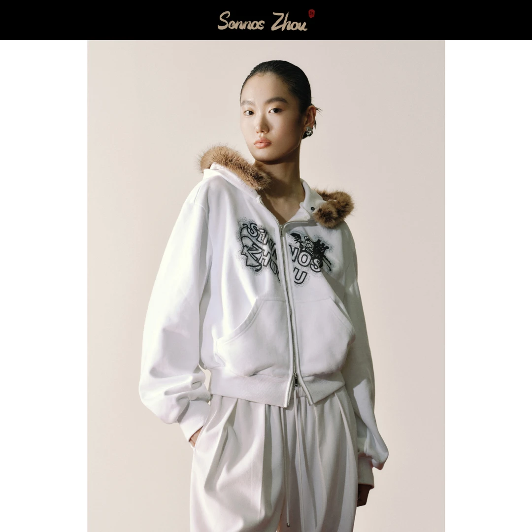 ZLHK【sennos】芊墨光影 印花毛领开衫拉链卫衣 Y42036