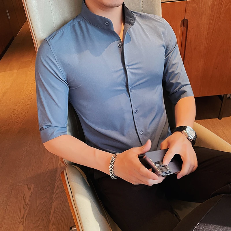 新中式中袖衬衫男夏季轻熟风男装韩版修身免烫商务冰丝长袖衬衣潮