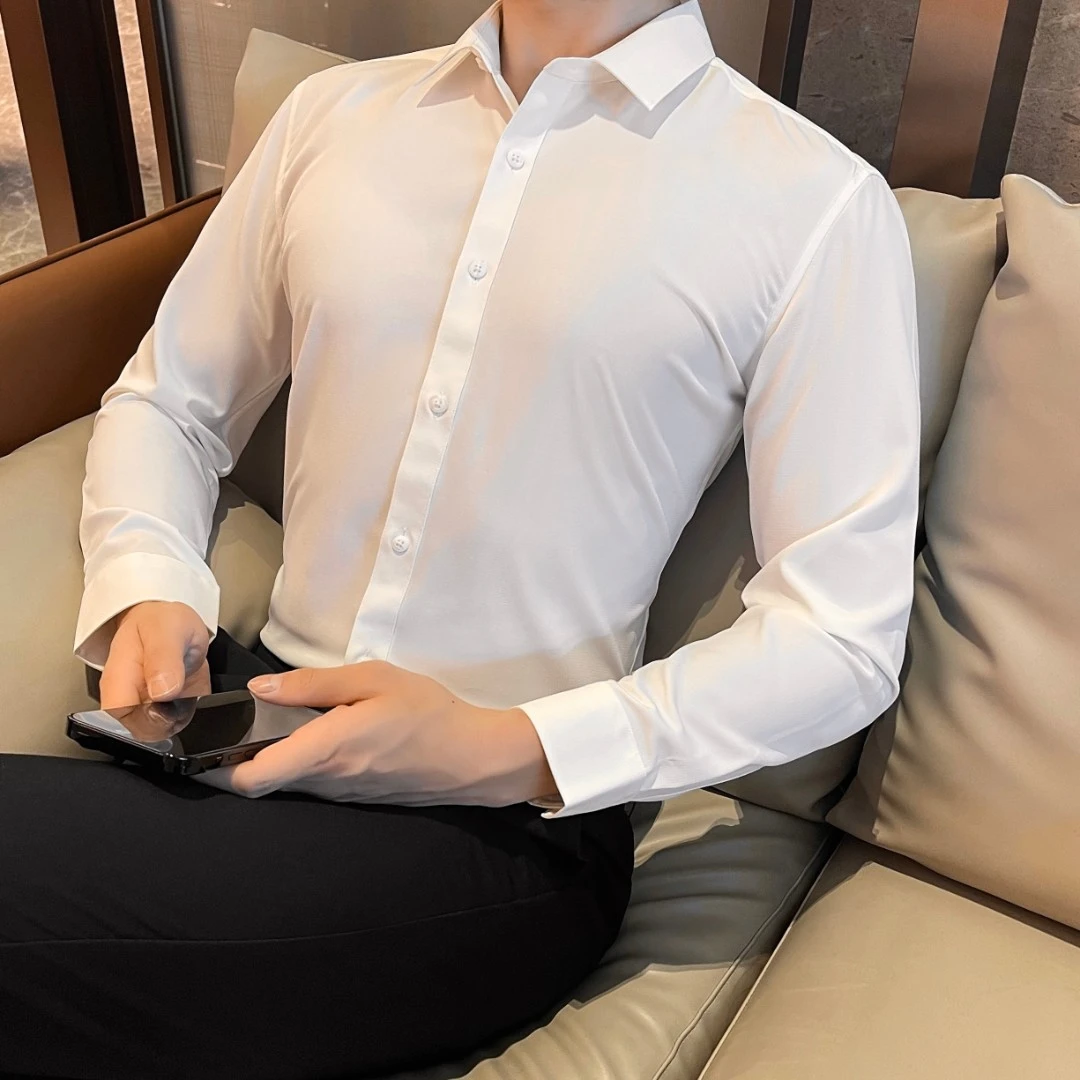 夏季薄款冰丝长袖衬衫男士百搭修身衬衣休闲商务纯色格纹透气上衣